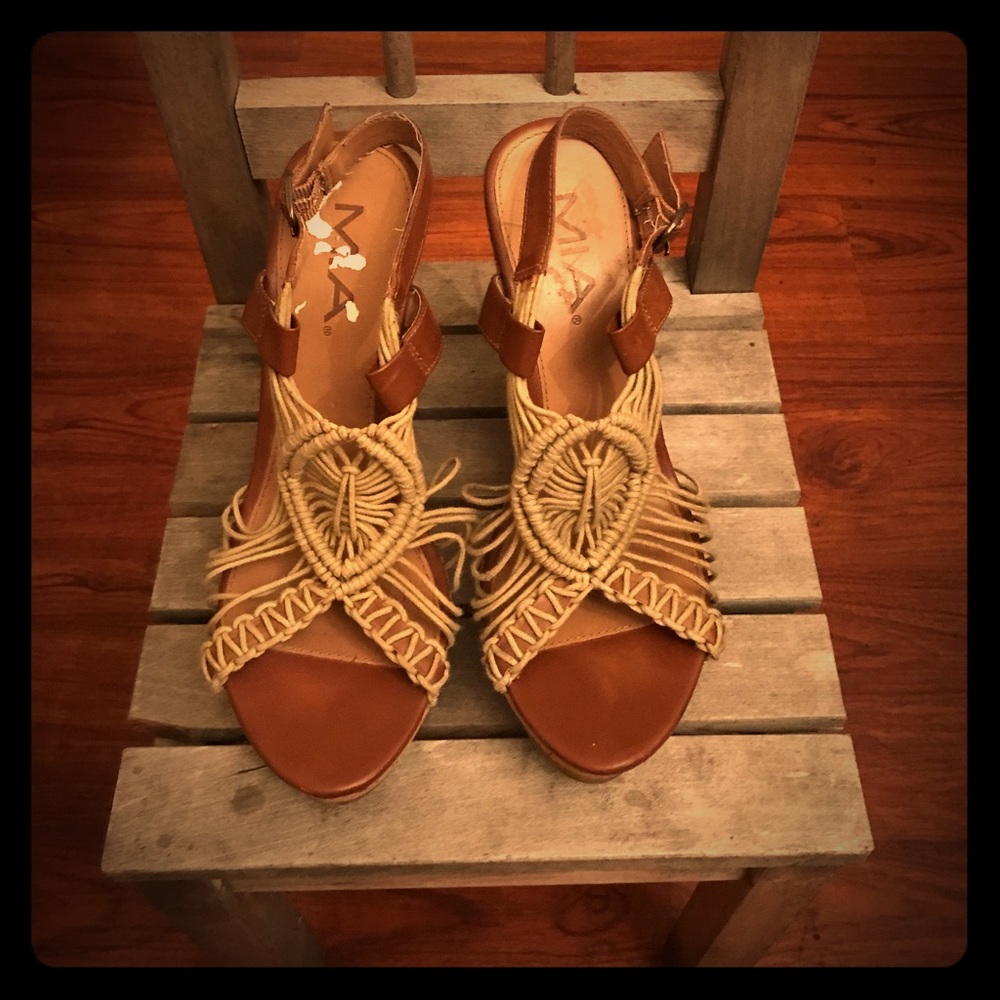 Natural Macrame Wedge Sandal by MIA Shoes